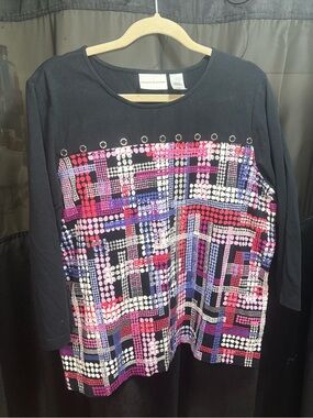 Alfred Dunner Black Long-Sleeve Scoop Neck Top with Pink, Purple & Red Dot-Print